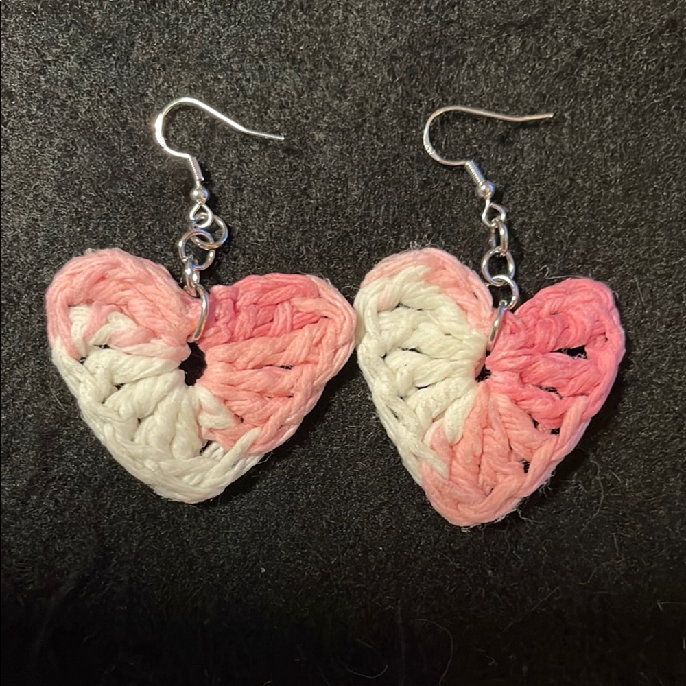 Heart-Shaped Pink and White Crochet Earrings sterling silver
